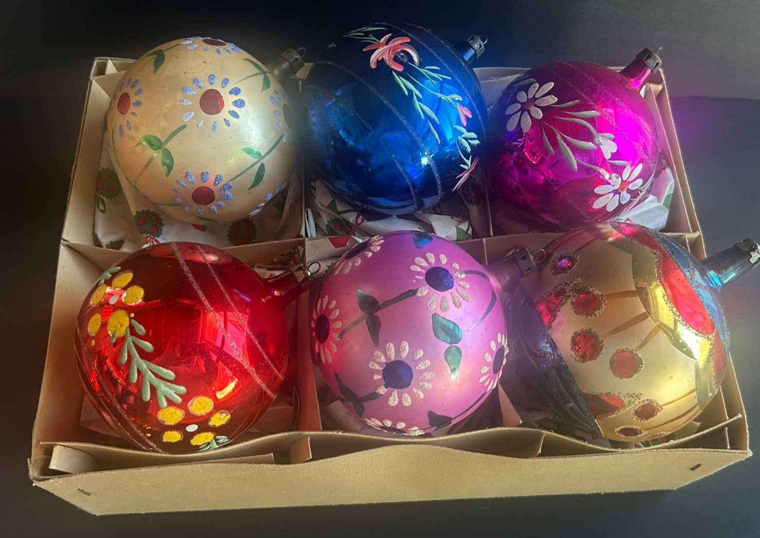 6 Large Vintage Glass Christmas Ornaments Handpainted 3.5 6 Large Vintage Glass Christmas Ornaments Handpainted 3.5