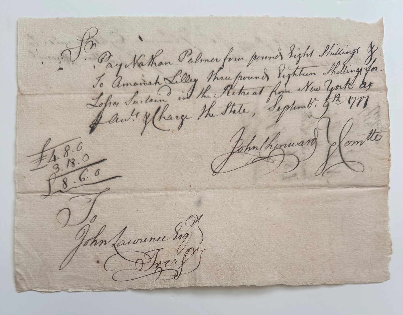 1777 Revolutionary War Pay Order Reimbursing Soldiers for Losses During