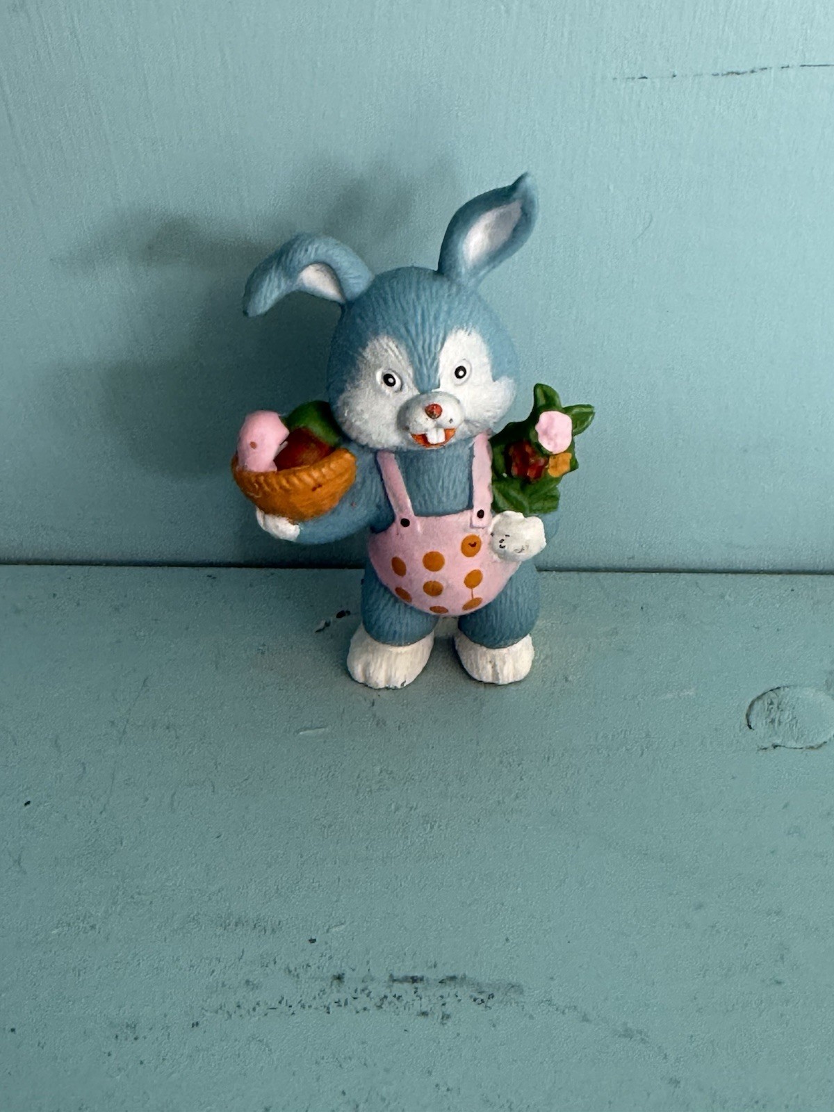 Vintage Plastic Easter Boy Bunny Mccrory Figurine Blue With Eggs And Basket