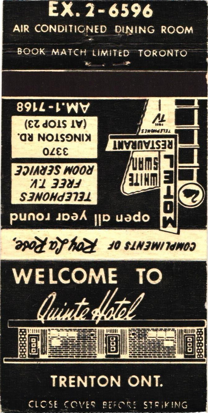 Quinte Hotel White Swan Motel Trenton ON Vintage Matchbook Cover 1960s Quinte Hotel White Swan Motel Trenton ON Vintage Matchbook Cover 1960s