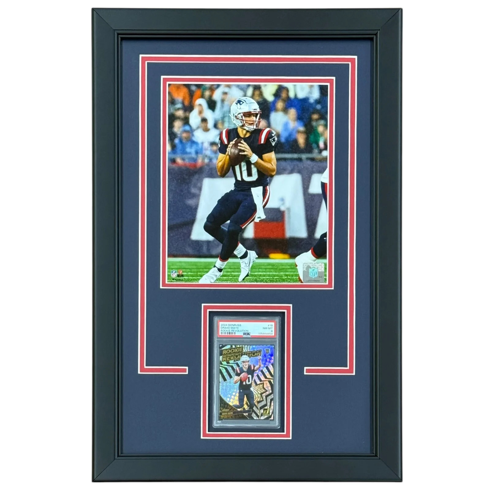 Drake Maye Graded Rookie Card Deluxe Framed with New England Patriots 8x10 Photo Drake Maye Graded Rookie Card Deluxe Framed with New England Patriots 8x10 Photo