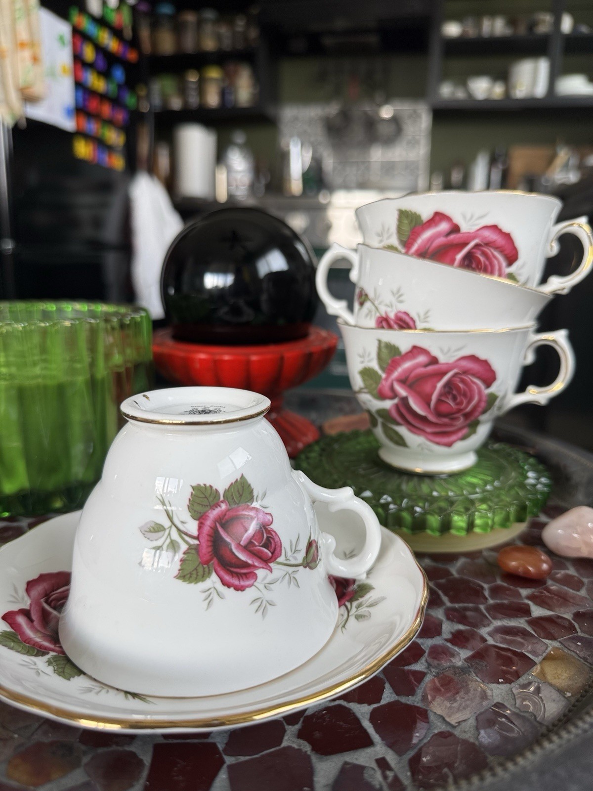 Vintage Royal Kent Bone China Set - 4 Teacups & 1 Saucer, Pink Red Rose Vintage Royal Kent Bone China Set - 4 Teacups & 1 Saucer, Pink Red Rose
