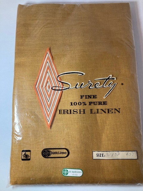 Vintage Surety 100% Pure Irish Linen Tablecloth 57x52 Gold Color New in Package Vintage Surety 100% Pure Irish Linen Tablecloth 57x52 Gold Color New in Package