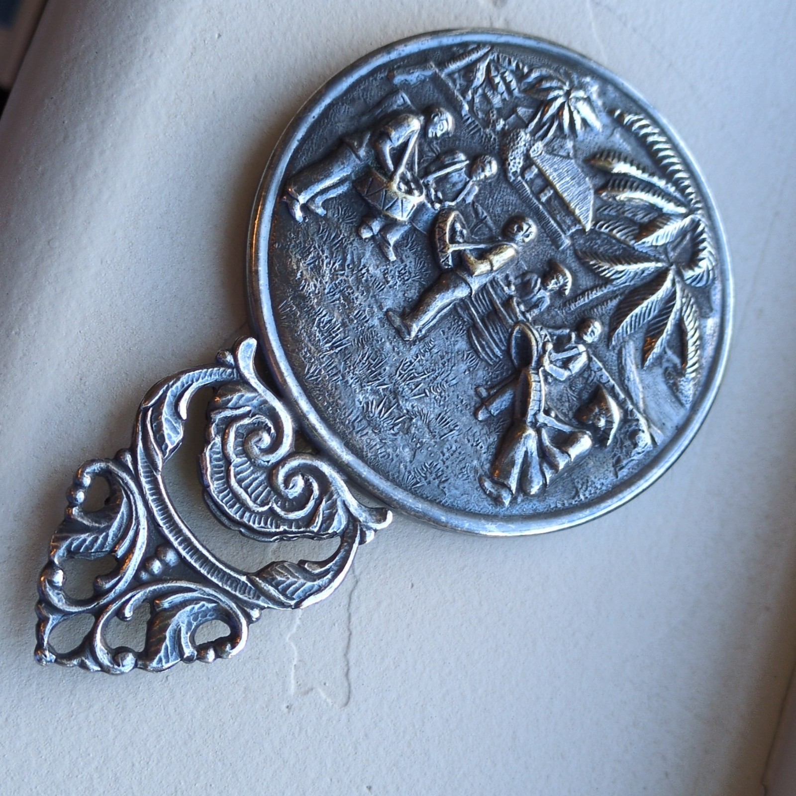 Vintage Sterling Handheld Mirror Scroll Handle Embossed Caribbean Theme