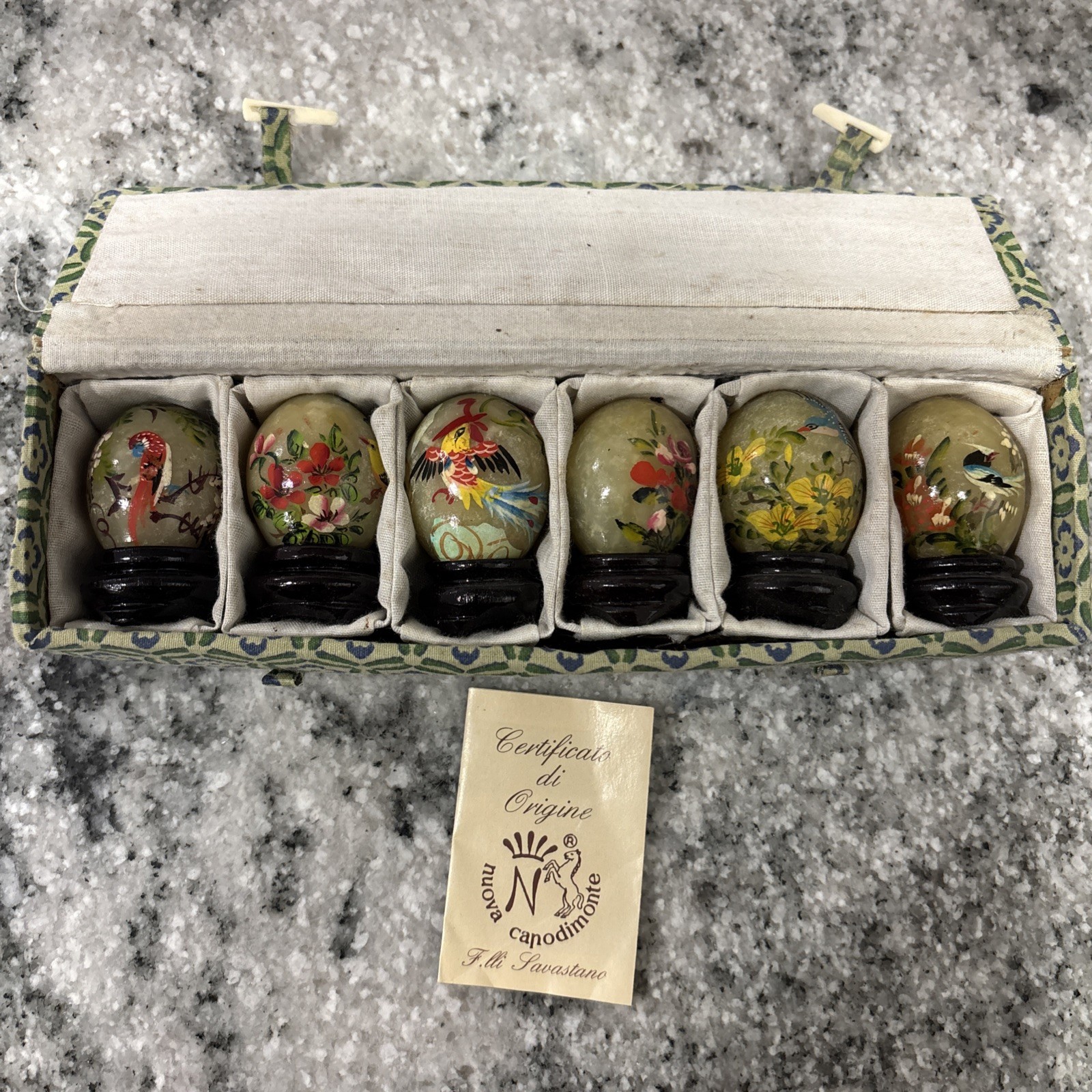 Vintage Hand Painted Jade 1.5” Birds Flowers Lot Of 6 Miniature Eggs with Stands