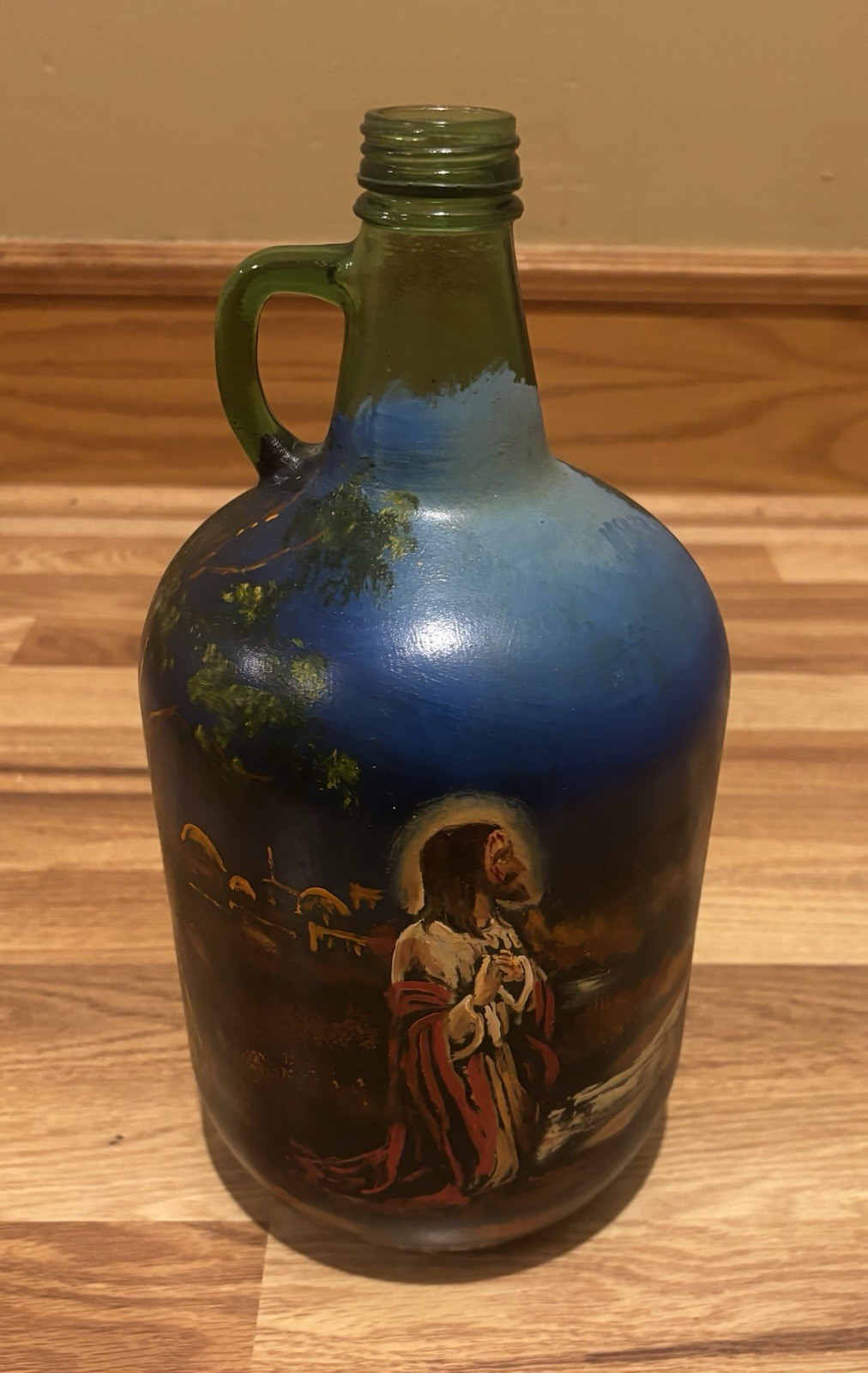 Antique Vintage Green Glass 4 liter bottle with hand painted image of Jesus Antique Vintage Green Glass 4 liter bottle with hand painted image of Jesus