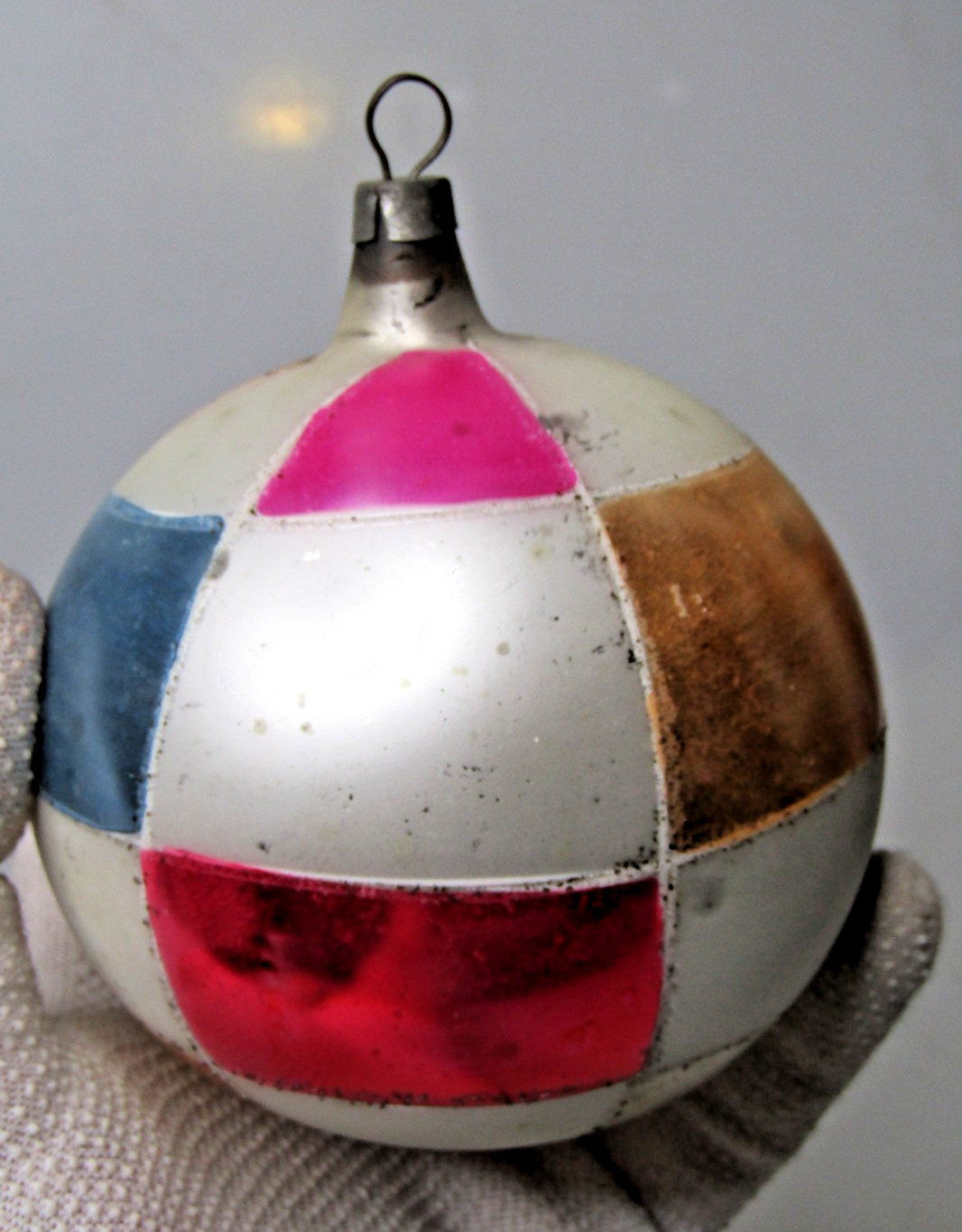 Vintage Glass Harlequin Squares Pattern Large BALL Christmas Ornament Poland #2