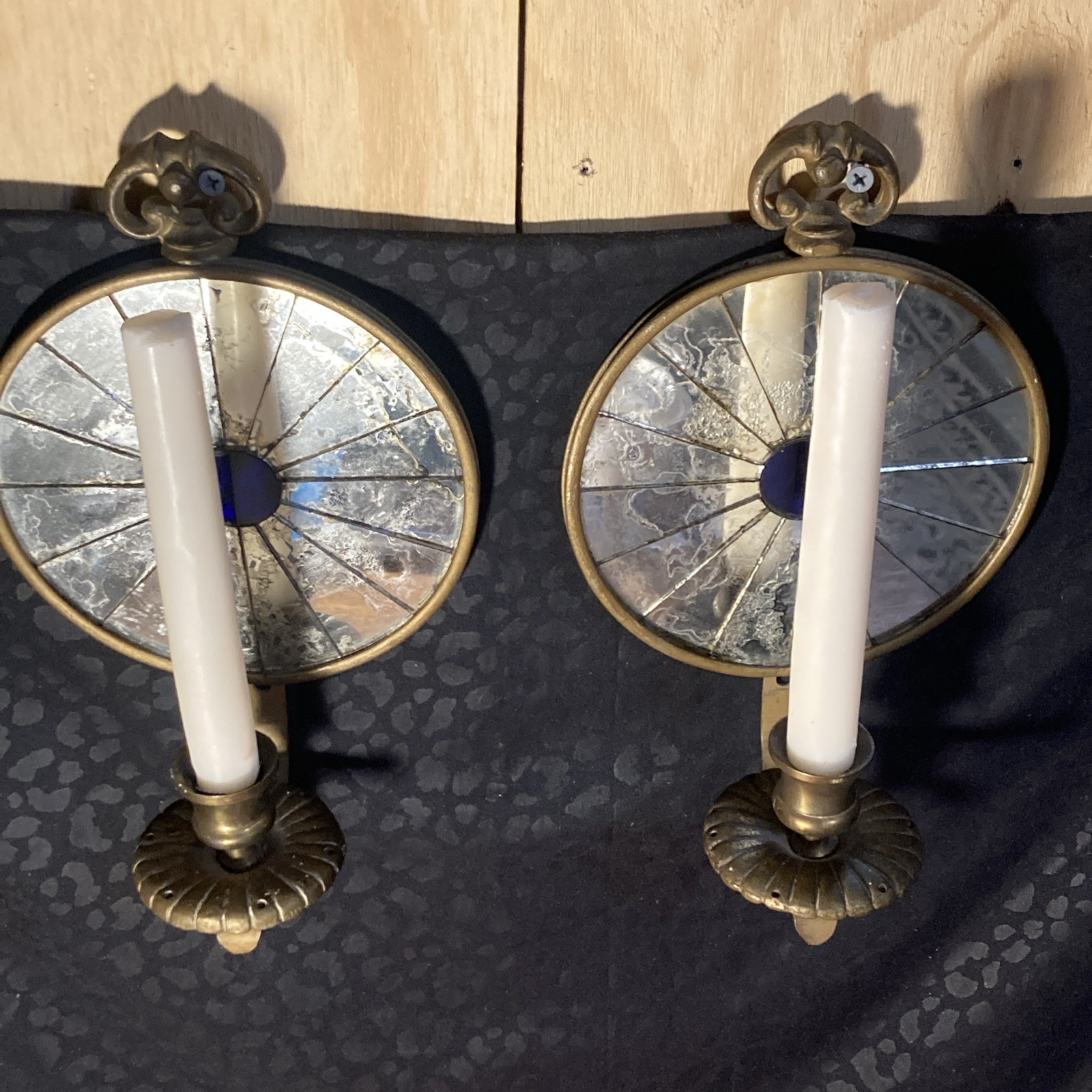 Pair Vintage 1940S Mirrored Candle Sconces Round Cobalt Blue Glass Sunburst