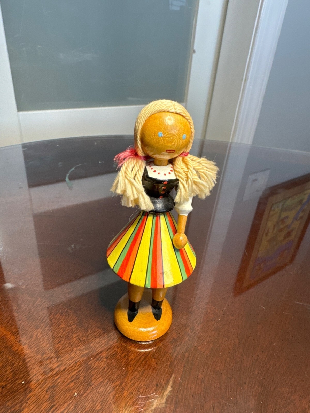 Vintage Wooden Doll Figurine With Hand-Painted Yellow & Red Striped Dress  52-25