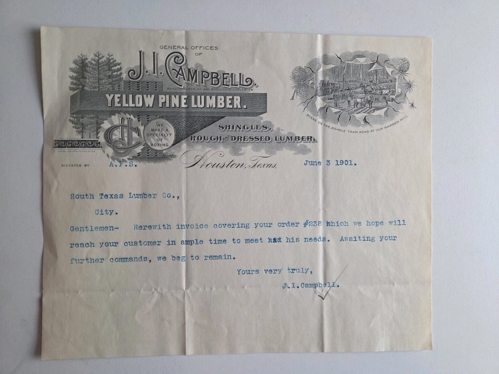 1901 J I Campbell Lumber Letterhead Houston TX Jesserand Logging Railroad