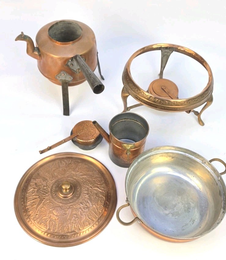 Vintage Copper Cookware Lot Mismatched ChafingPan Stand Kettle Lid Parts As Is