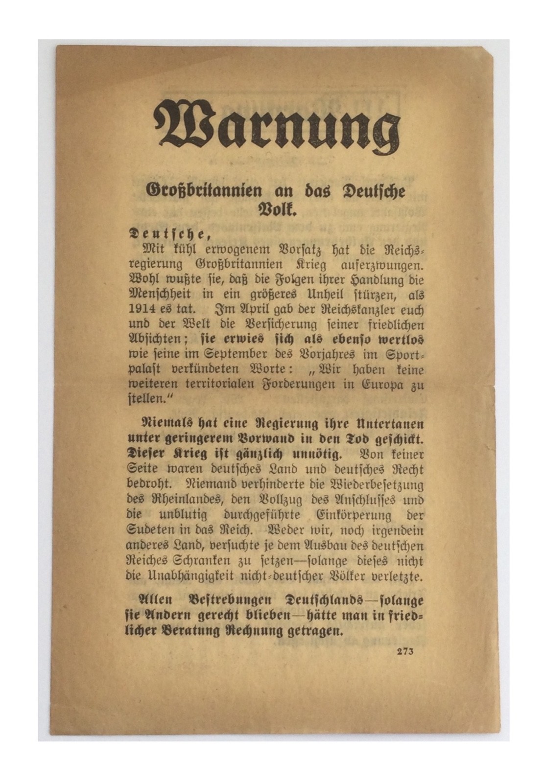 WW2 British Aerial Propaganda Leaflet. - EH.273. - 1939. - Phoney War Period.