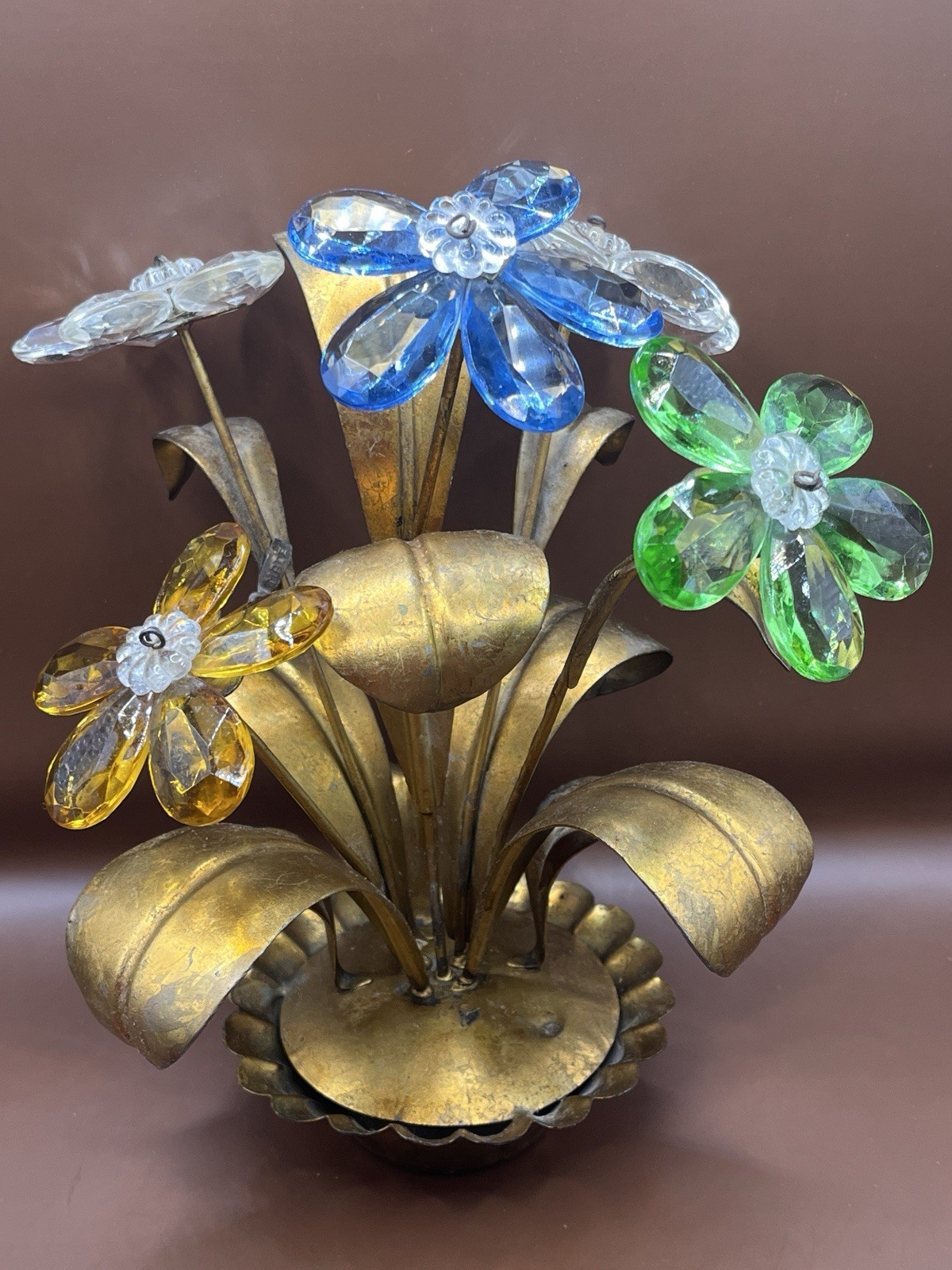 Vintage Florentia Italy Gilt Metal Flower Prisms, Acrylic Glass Floral Decor Vintage Florentia Italy Gilt Metal Flower Prisms, Acrylic Glass Floral Decor