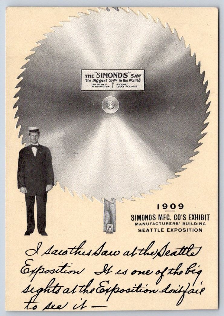 Antique Simonds Mfg Biggest Saw in the World Exhibit 1909 RPPC Antique Simonds Mfg Biggest Saw in the World Exhibit 1909 RPPC
