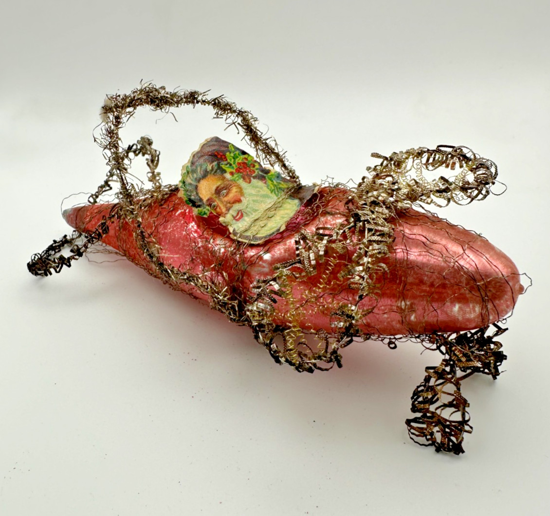 Antique Pink Mercury Glass Wire Wrapped Santa Airplane Christmas Ornament 1900\'s