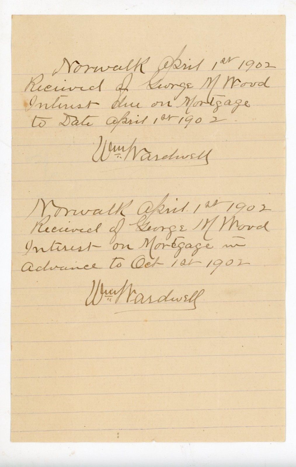 1902 Norwalk CT Mortgage Interest Receipt Geo M Wood Signed Wm Wardell 1902 Norwalk CT Mortgage Interest Receipt Geo M Wood Signed Wm Wardell