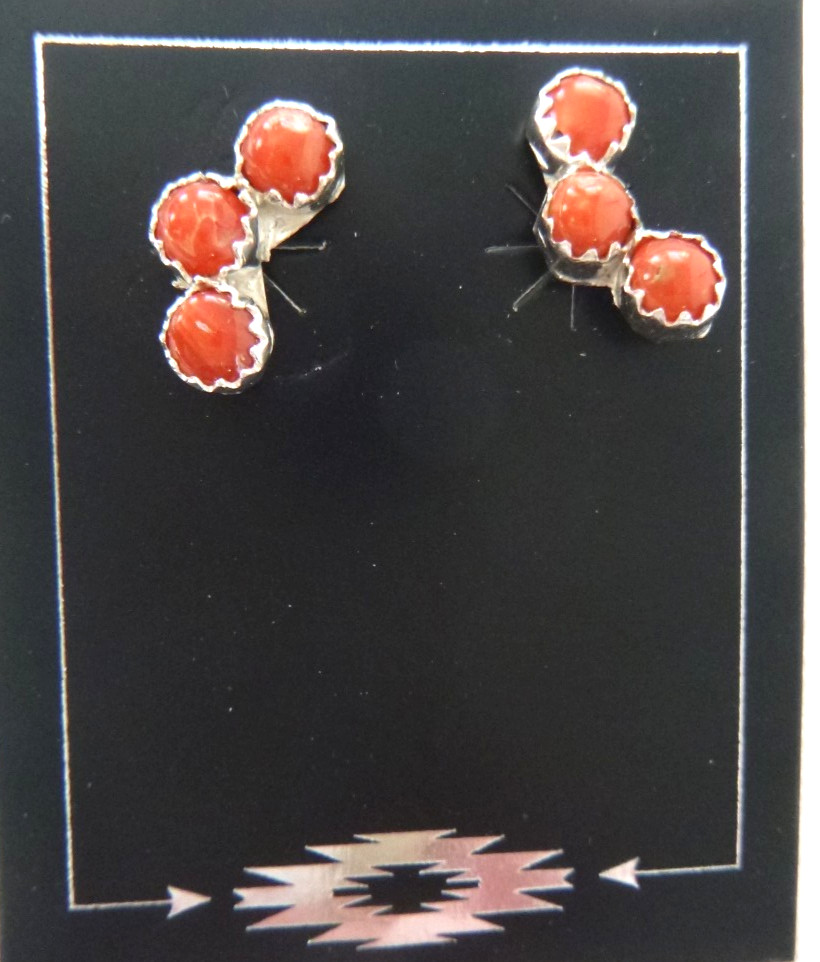 Zuni Janice Spencer Red Coral Trio Earrings 925 Sterling Silver 3/4 Zuni Janice Spencer Red Coral Trio Earrings 925 Sterling Silver 3/4