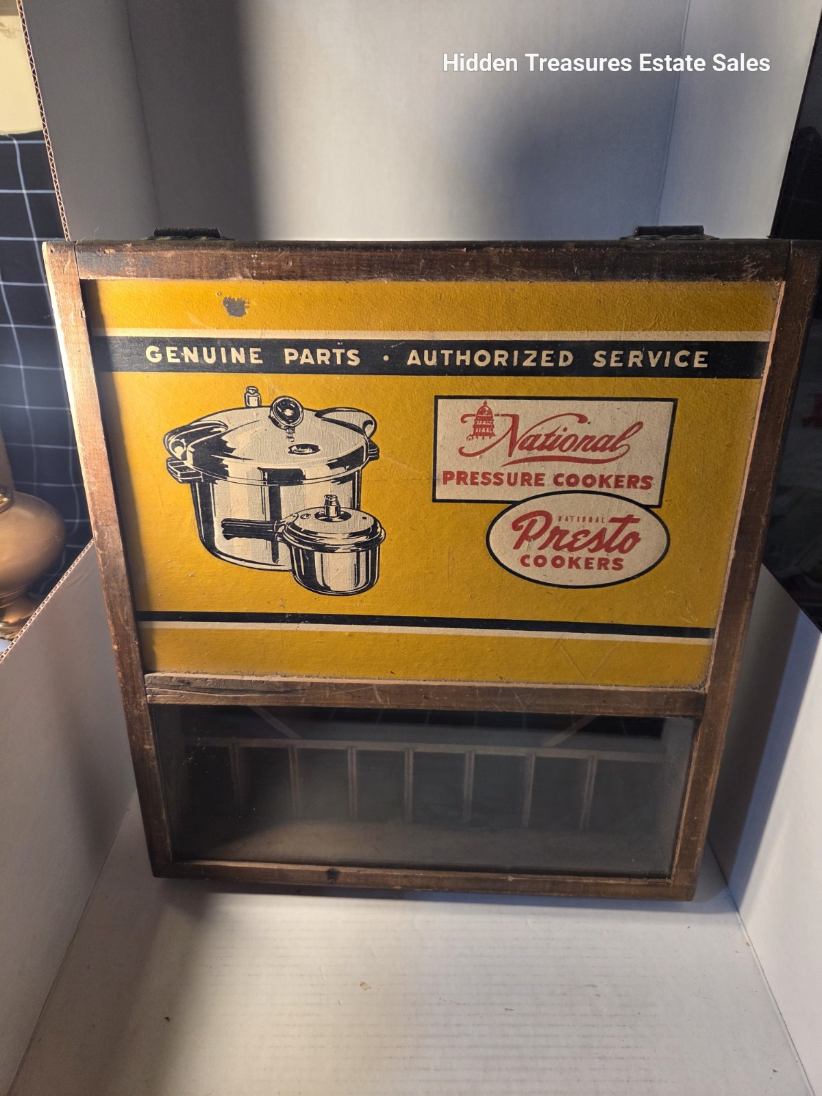 Vintage Wood 1947 - 1950 National Presto Pressure Cooker Parts Display Cabinet Vintage Wood 1947 - 1950 National Presto Pressure Cooker Parts Display Cabinet