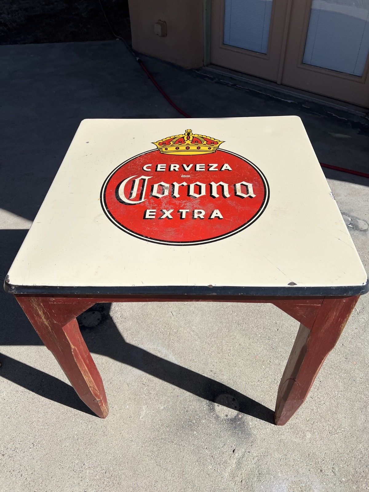 Vintage porcelain  Corona Extra Mexican Beer Logo Metal Top Table With Wood Legs