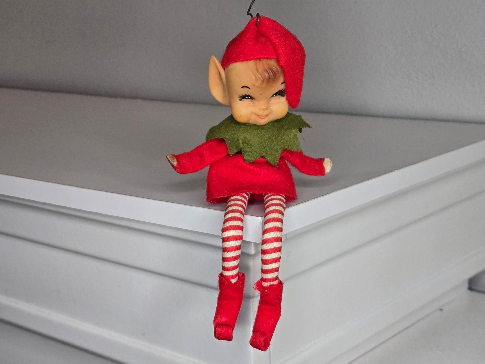 Vintage Shelf Sitter Christmas Elf Pixie Ornament Red Green Felt Doll