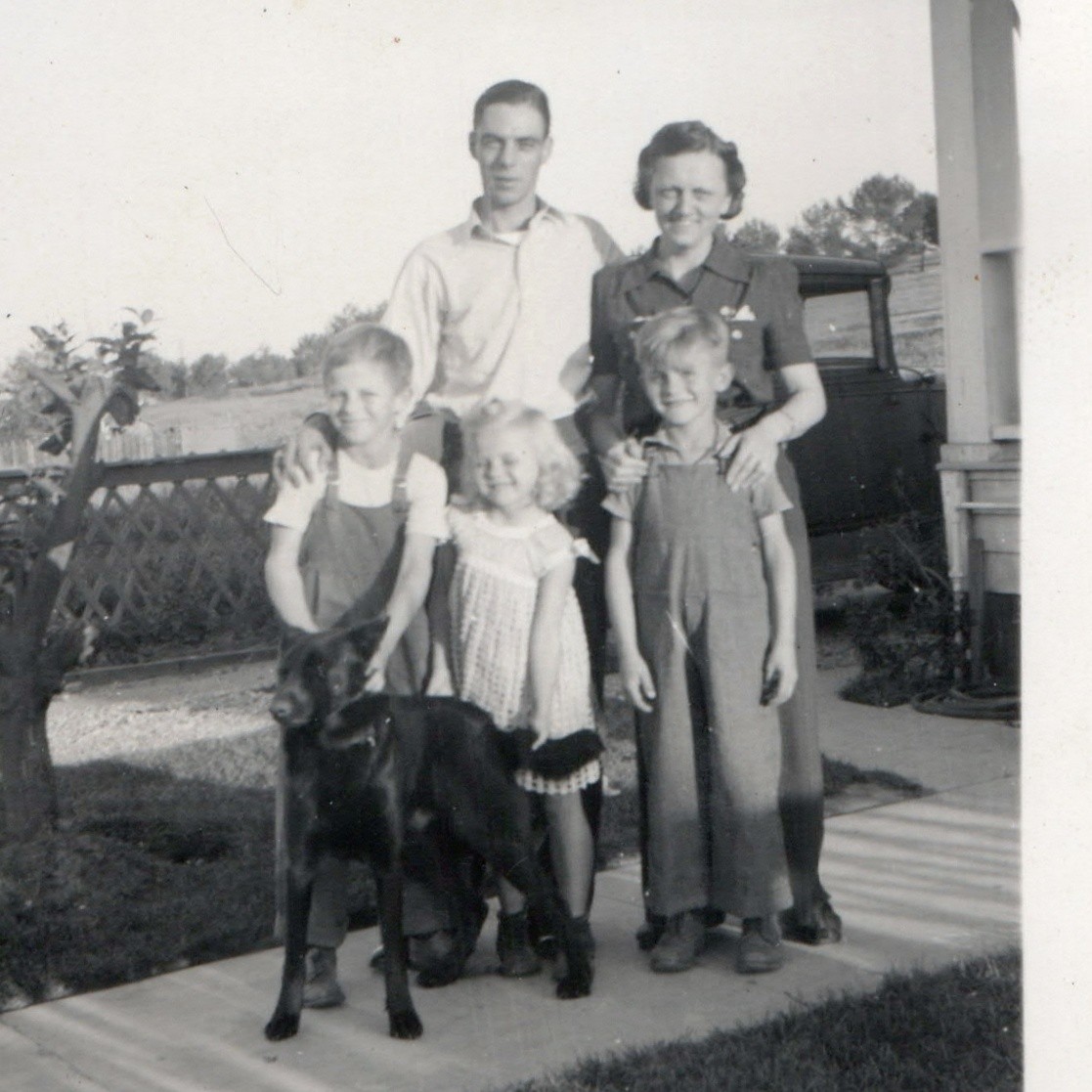 c1940s Family with Pet Dog & Farm Truck Snapshot Photo Overalls Boys Front Yard c1940s Family with Pet Dog & Farm Truck Snapshot Photo Overalls Boys Front Yard