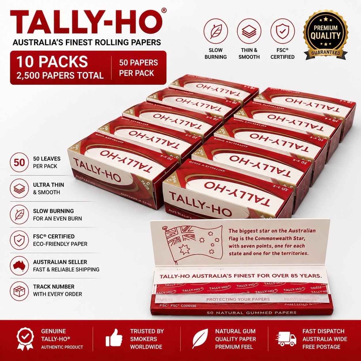 10x Tally-Ho 5 Pack Rolling Papers 2500 Papers Total Genuine AU Seller Fast Post