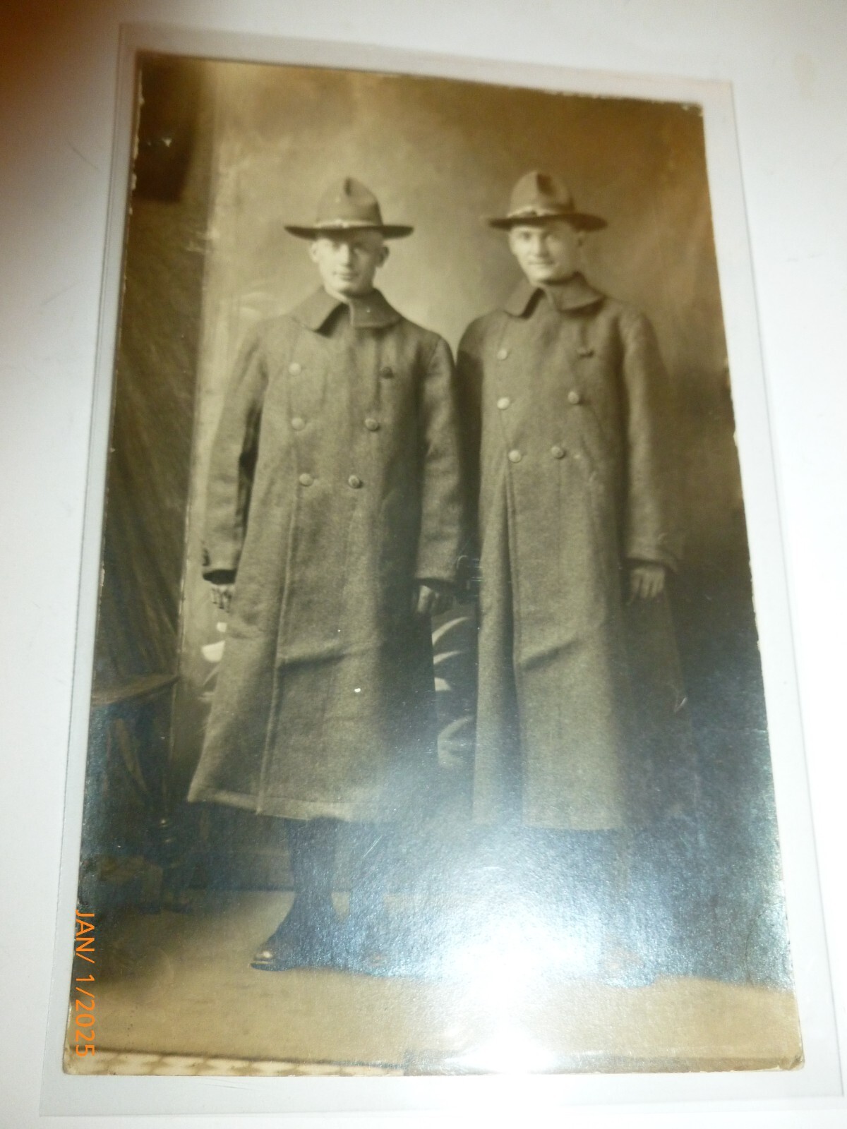 Vintage WWI RPPC 1918 US Soldiers Greatcoats Campaign Hats Military Postcard