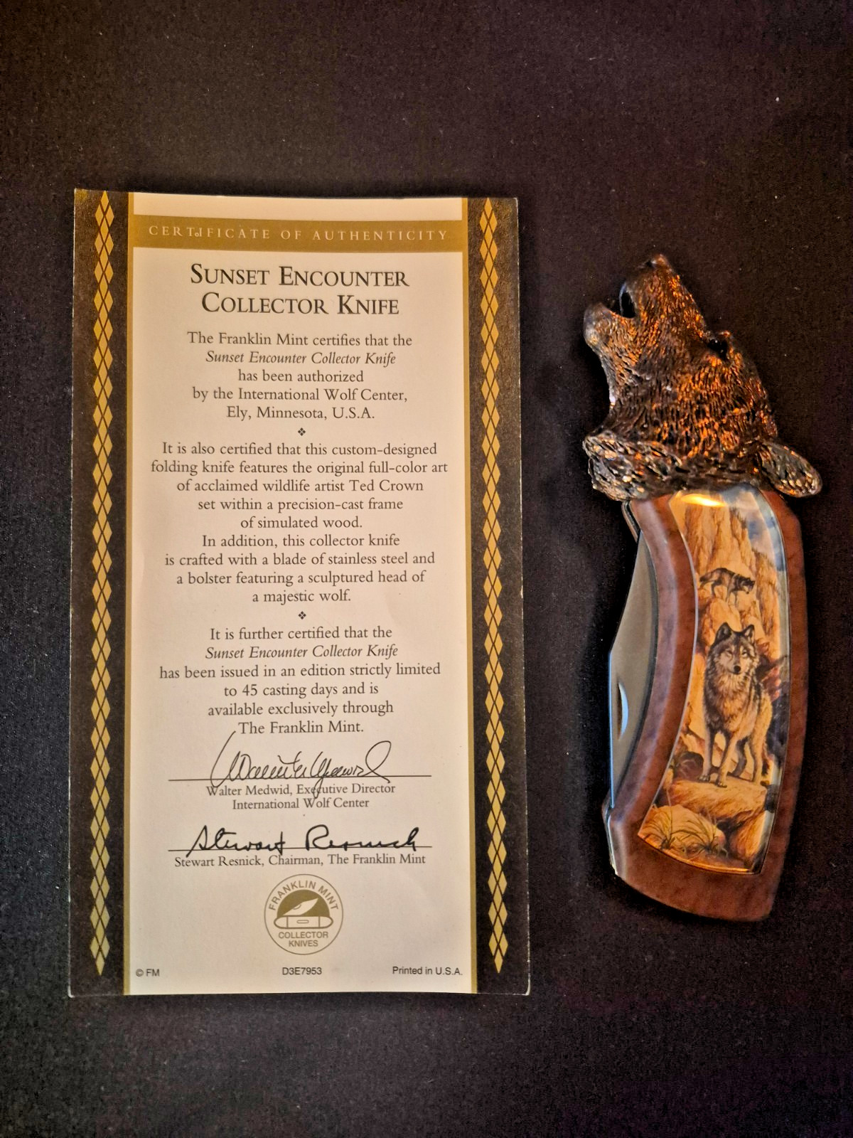 MINT Franklin Mint SUNSET ENCOUNTER Wolf Knife WITH COA - Hard to