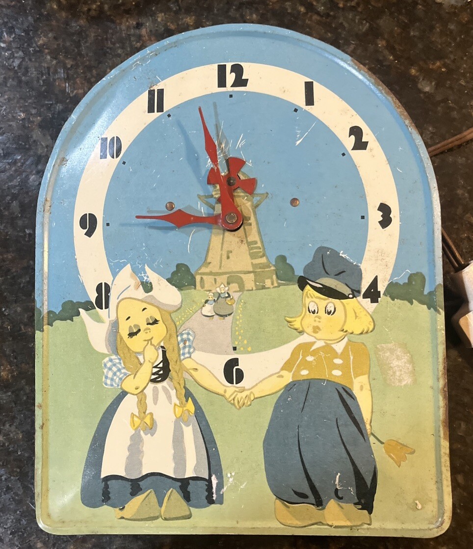 Vintage Dutch Windmill Tin Litho Metal Wall Clock Read