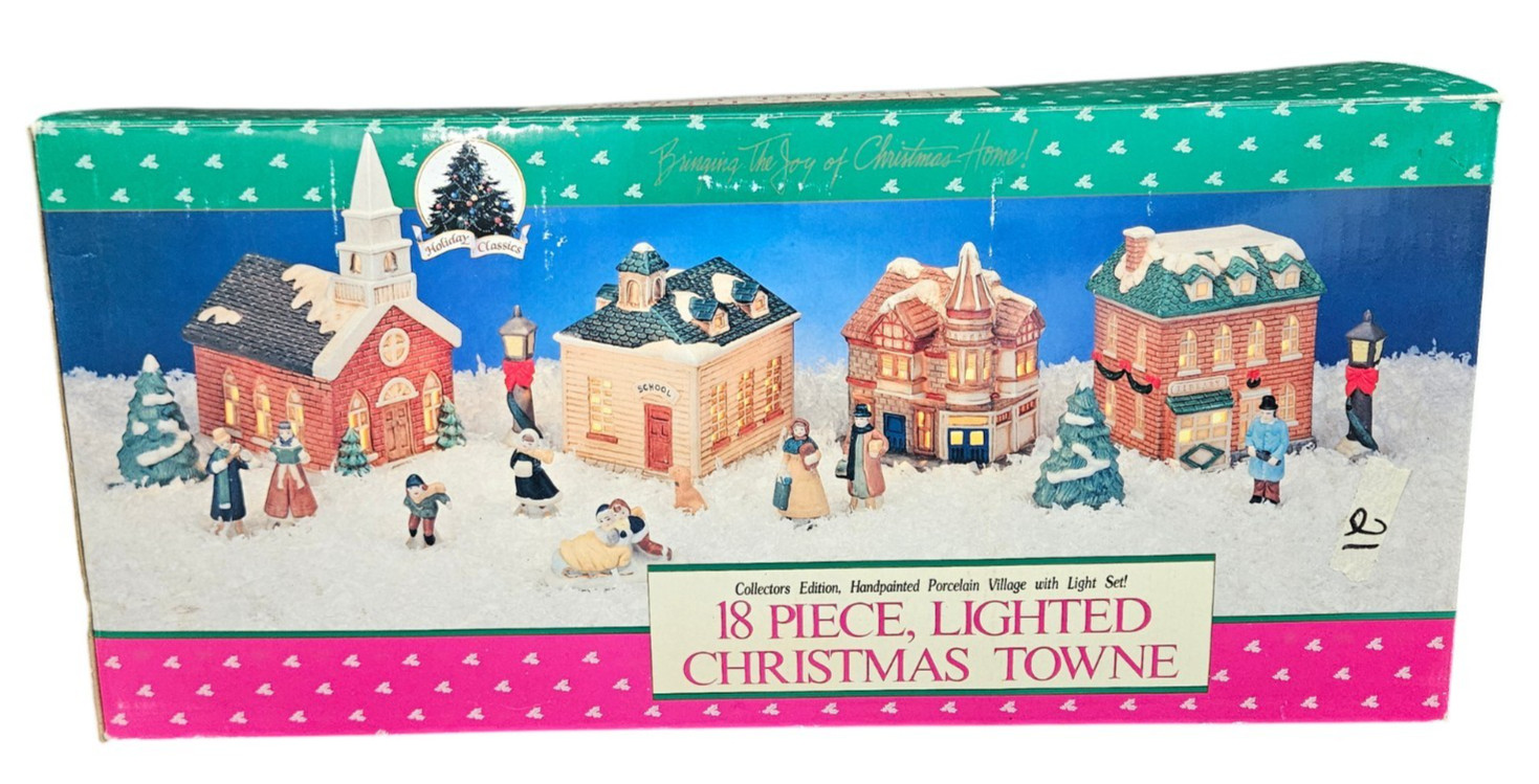 Vintage 1991 90s 18 Piece Lighted Christmas Towne Victorian Porcelain Village
