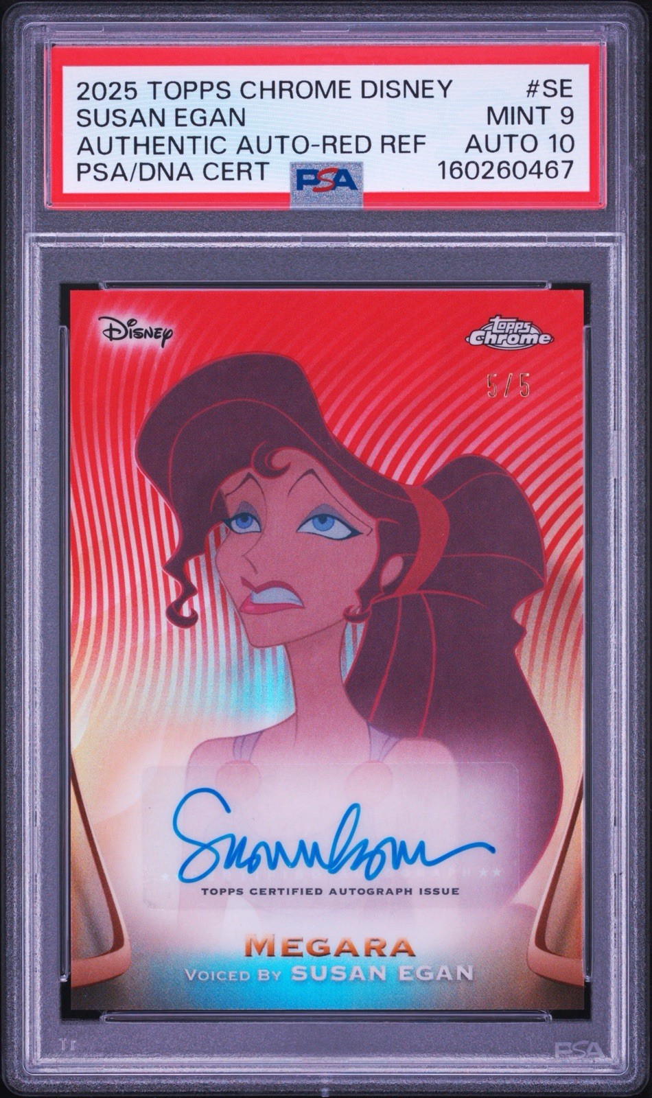 2025 Topps Chrome Disney Susan Egan Megara (Meg) Red Refractor Auto /5 PSA 9 10