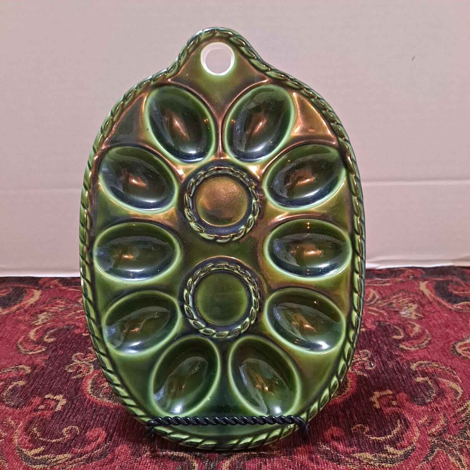 Vintage Knolder Green Ceramic Deviled Egg Plate Wall Hanging