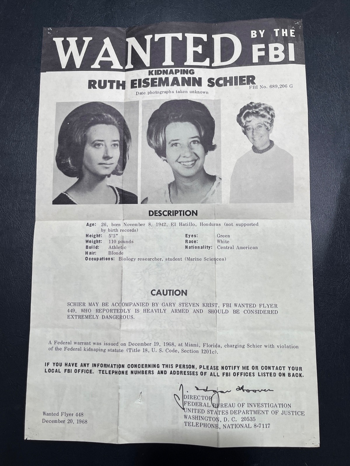 Original 1968 FBI Wanted Poster RUTH EISEMANN SCHIER Kidnapping 1st Woman Top 10