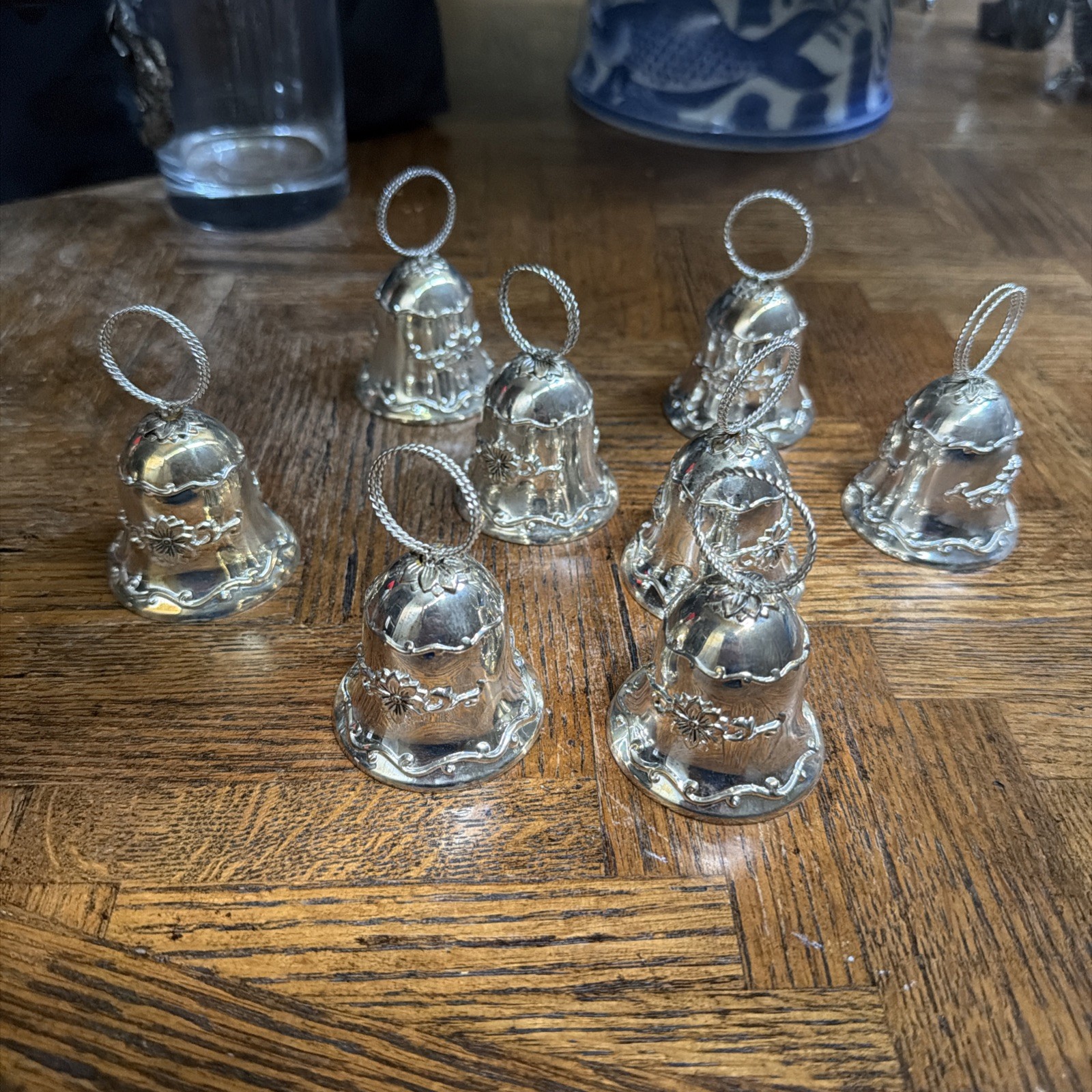 Set of (7) Towle Silversmiths Silver Plate Christmas Bell Noel Ornament Set of (7) Towle Silversmiths Silver Plate Christmas Bell Noel Ornament