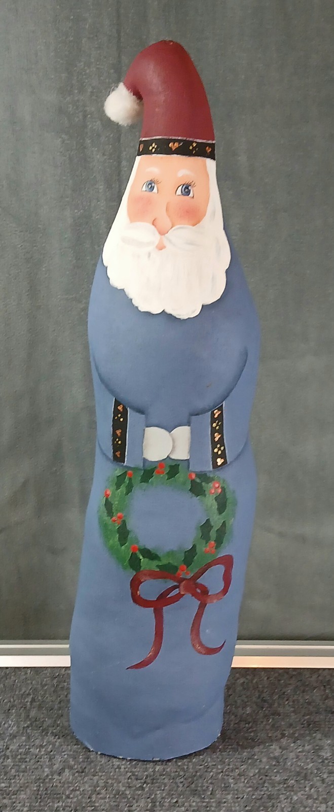 Vintage Fabric Santa W/Christmas Wreath Folk Country Farmhouse Hand Painted