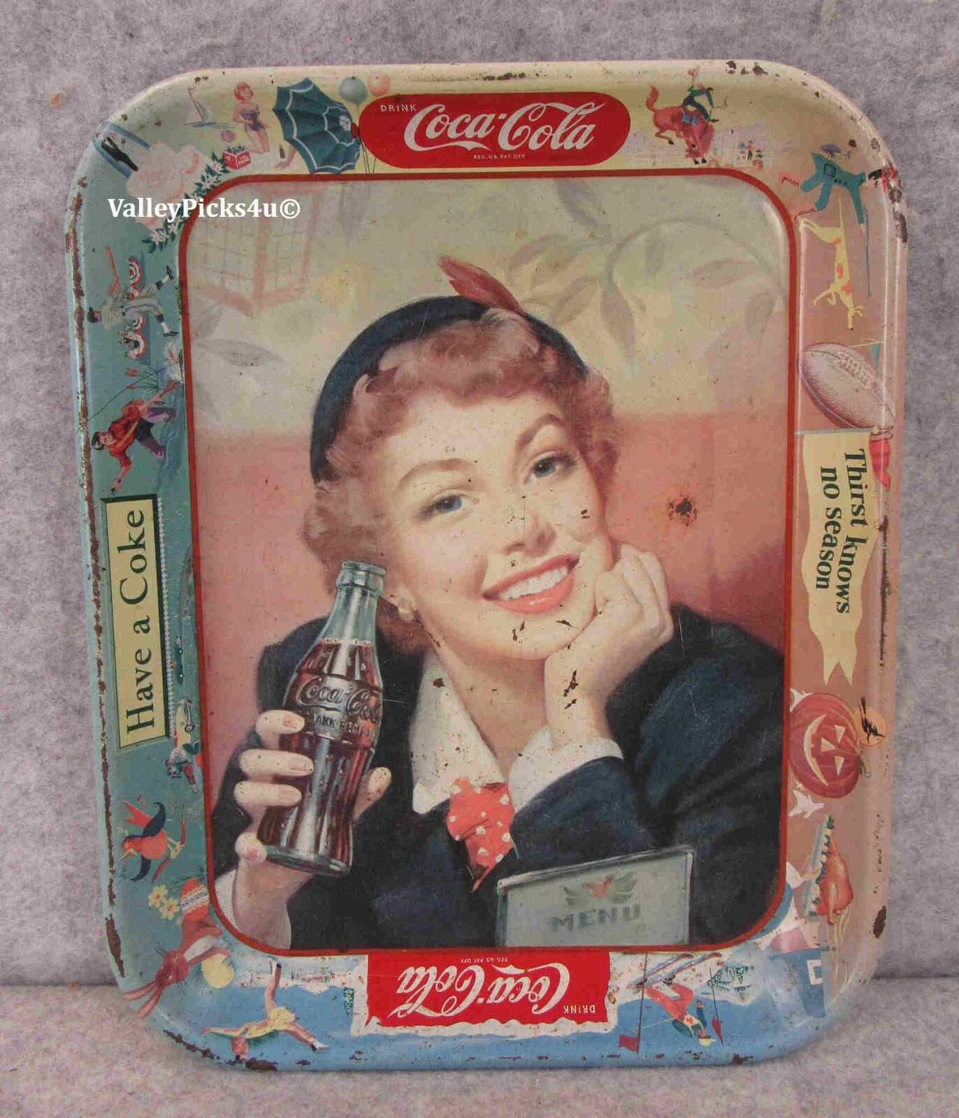 Vintage 1953 Coca Cola Metal Tray Thirst Knows No Season Have a Coke Menu Girl