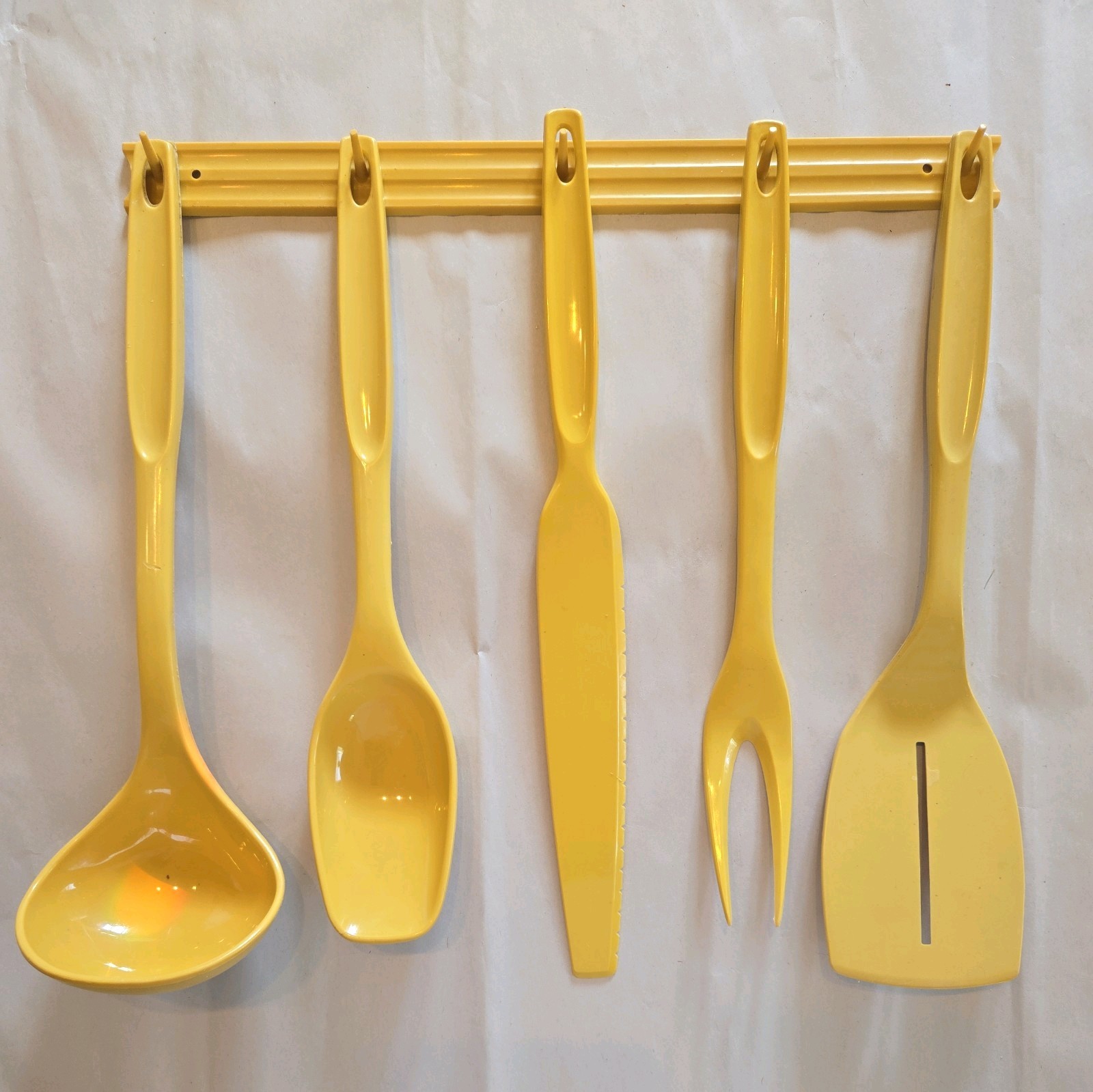 Vintage 1970s Foley Harvest Gold Utensil Set with Wall Rack Retro Kitchenware