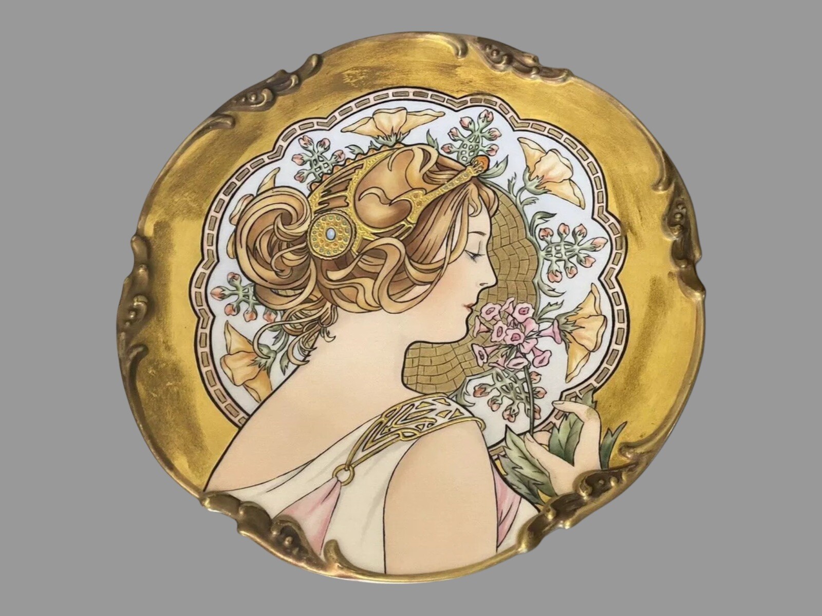 Antique Victorian Limoges Hand Painted Mucha Primrose Porcelain Portrait Plate Antique Victorian Limoges Hand Painted Mucha Primrose Porcelain Portrait Plate