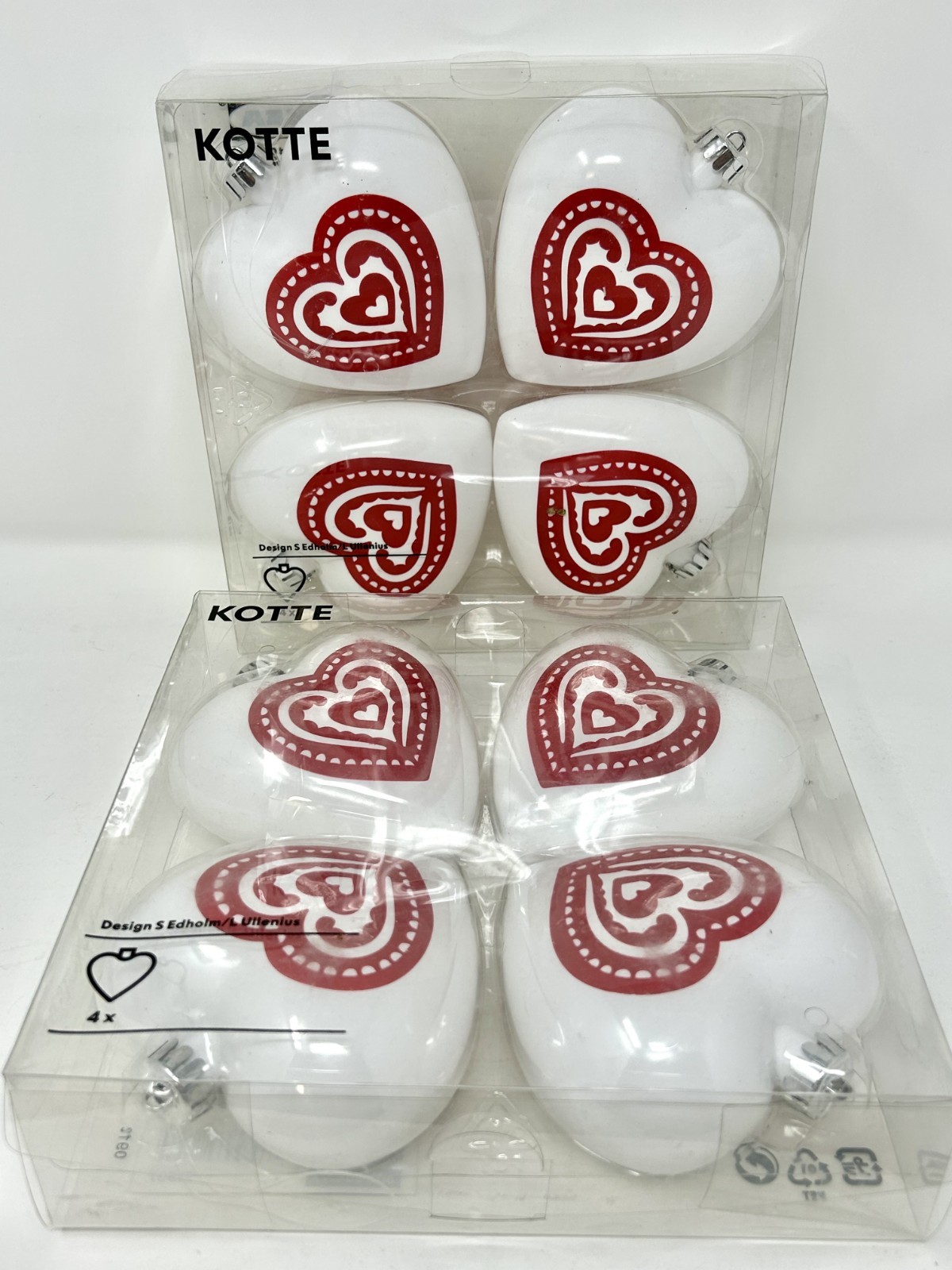Ikea Ornaments KOTTE Lot of 2 - White & Red Hearts Box Christmas Tree Valentines