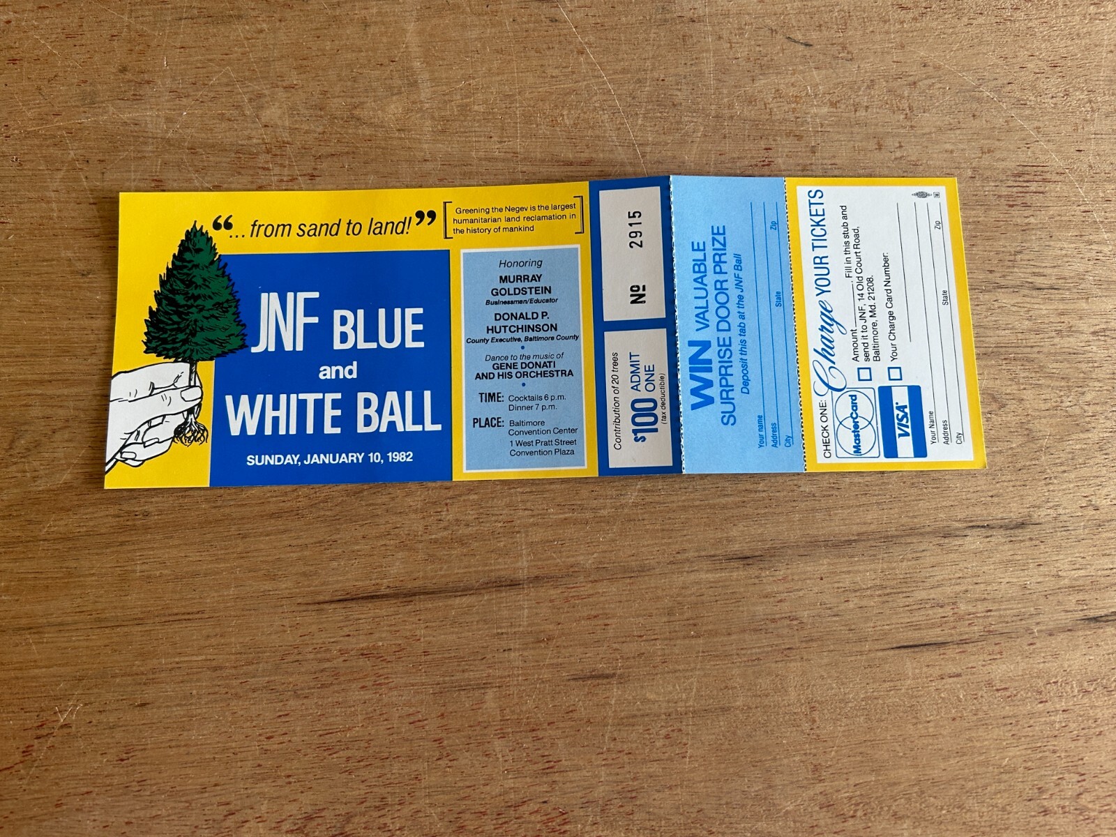 JNF Blue + White Ball Ticket Jewish National Fund Greening The Negev 1982 Vtg