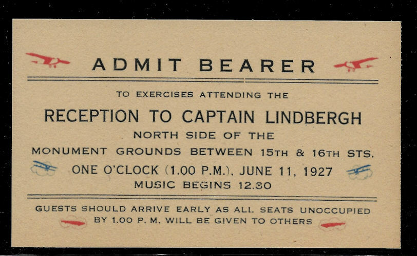 Capt. Charles Lindbergh 1927 Reception Ticket Reprint On 80 Year Old Paper *005
