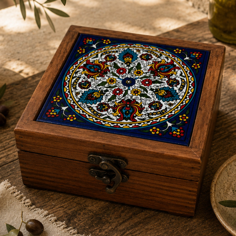 100% Authentic Palestinian Handmade Wood Box Ceramic Art Heritage Design Handart