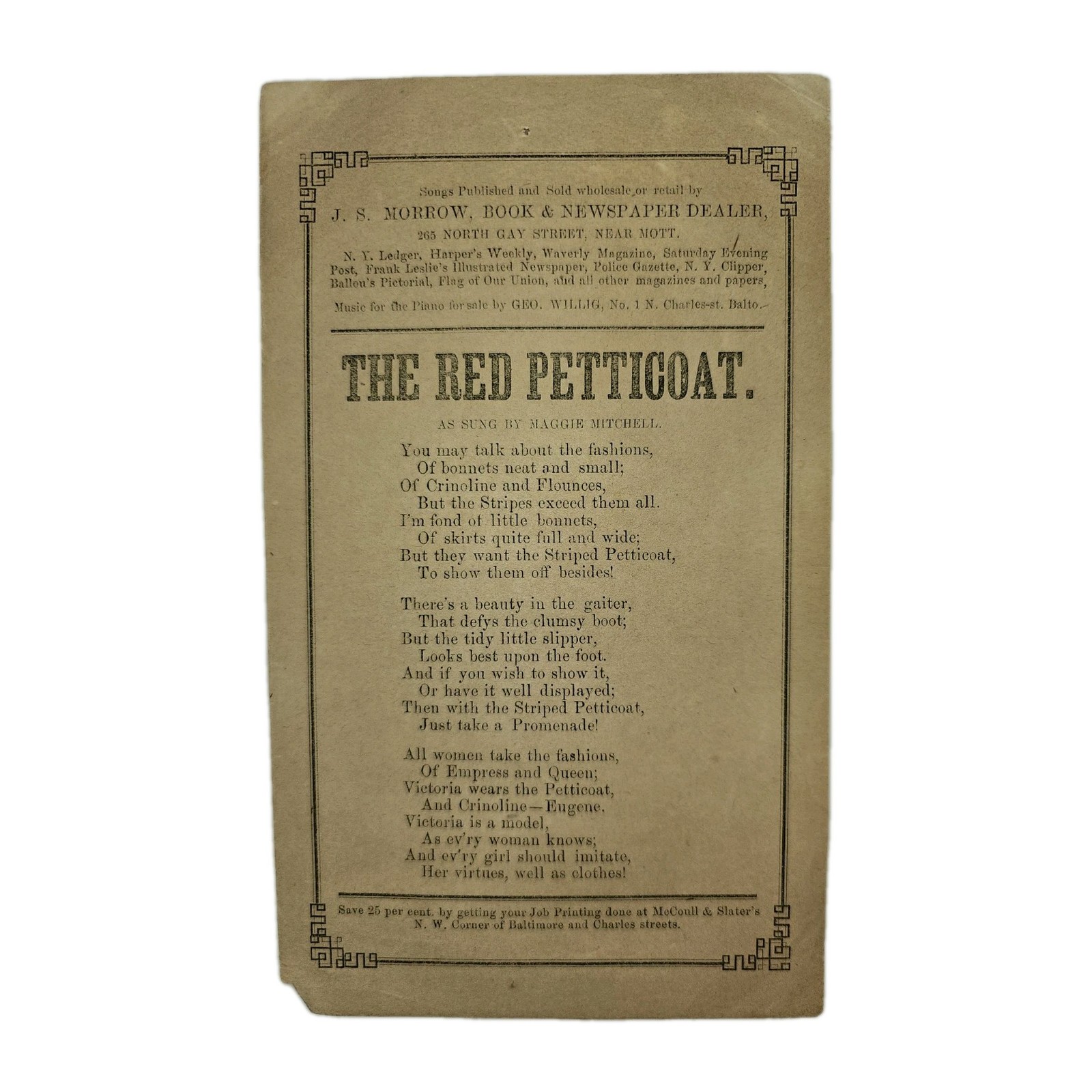 1850s Song Broadside “The Red Petticoat” Maggie Mitchell Fashion Baltimore Md