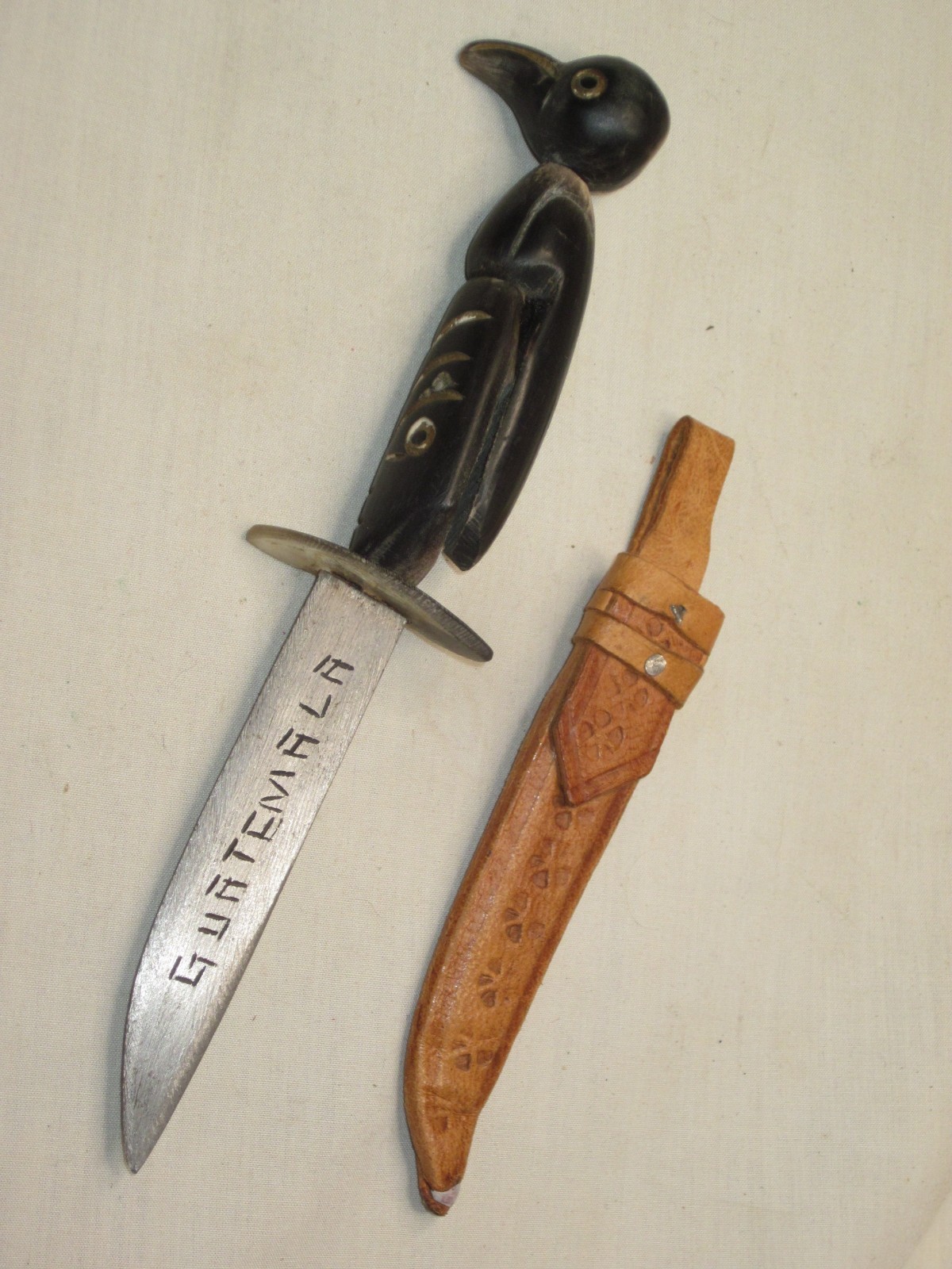 vintage antique GUATEMALA small dagger knife w/leather sheath carved bird detail