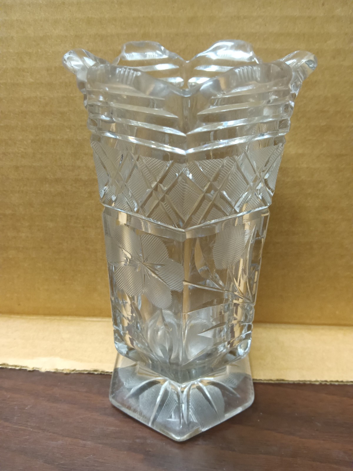 Vintage Clear Crystal Etched Pedestal Bud Vase 5.75” 6 Sided (VG, S)