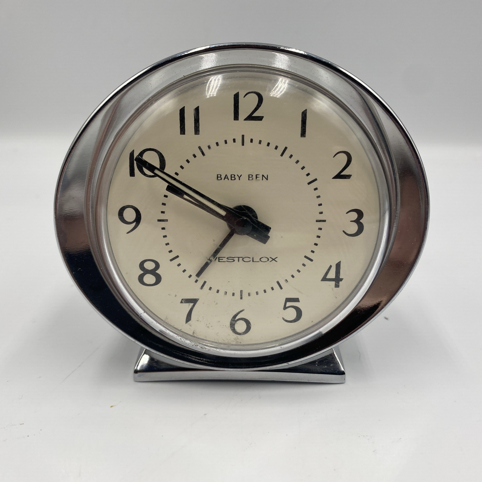 Westclox Baby Ben White Cream Face Silver Chrome Trim White Casing - Retro