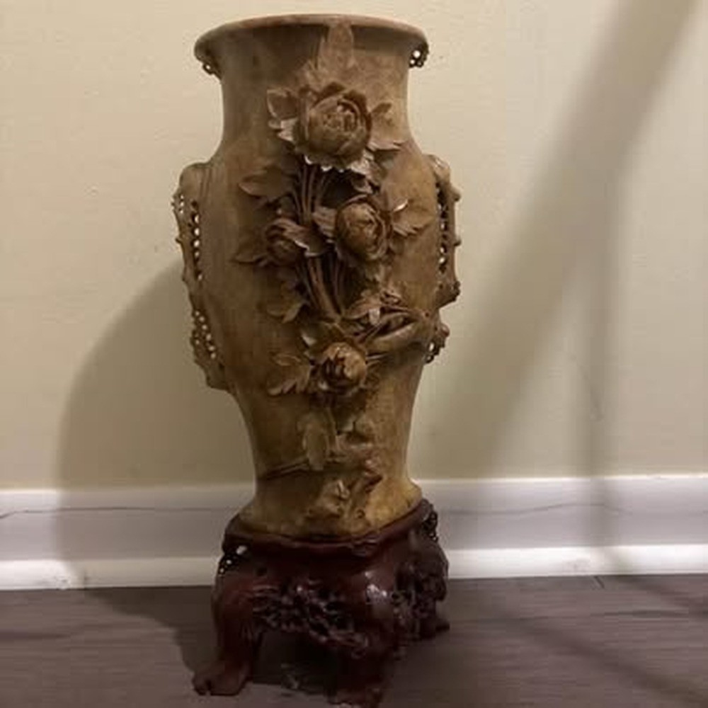 Carved Chinese Soapstone Vase - 18” Tall, Intricately Carved