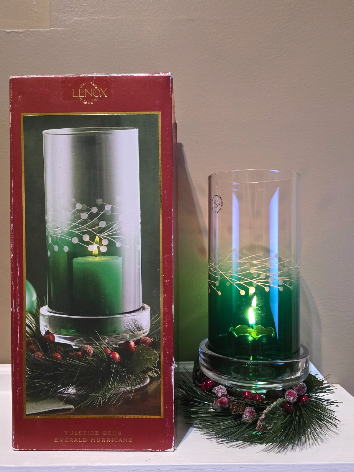 Vtg Lenox Yuletide Emerald Fairy Lamp Candle Holder Christmas Decor w/box