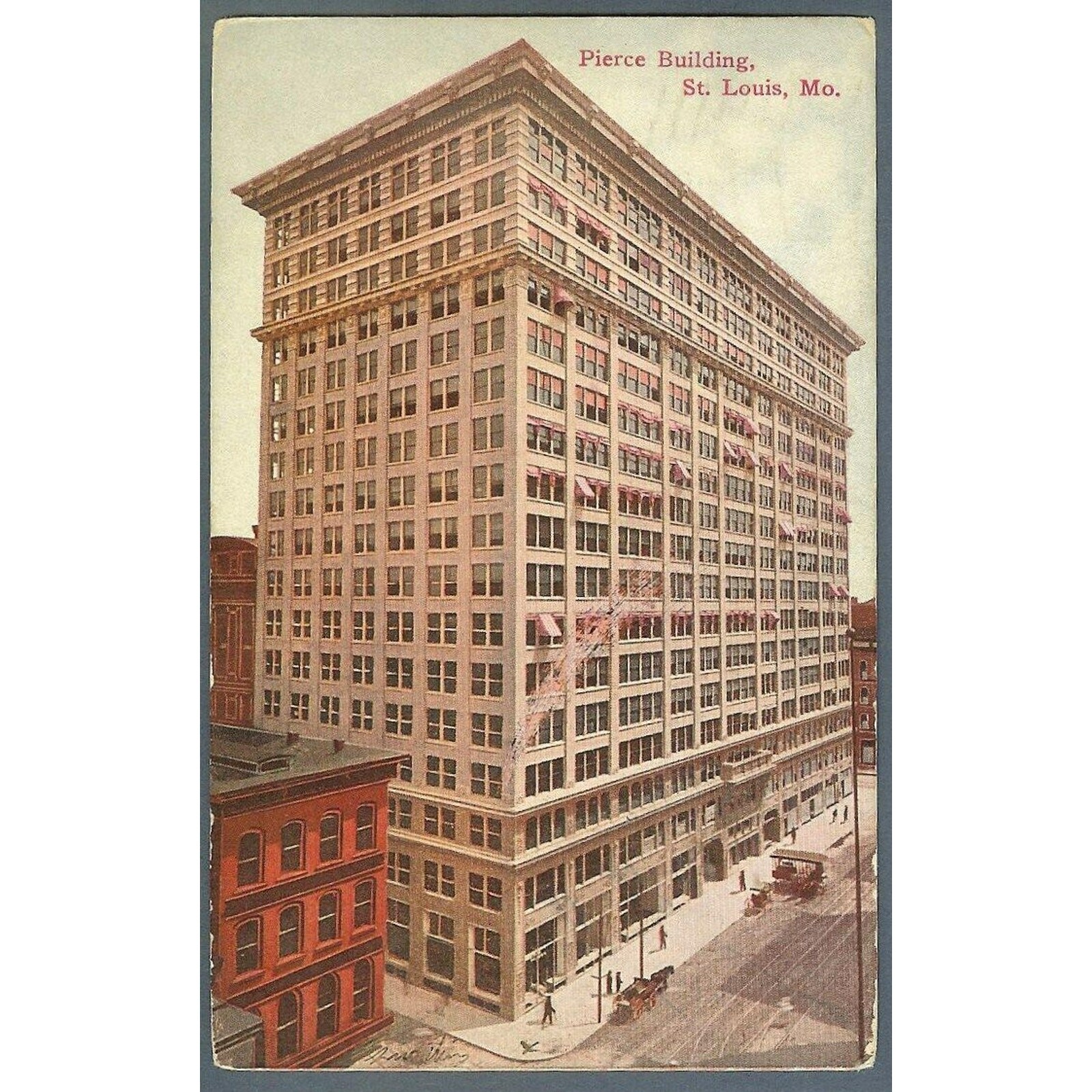 St Louis Mo Pierce Building + street view - 1910 postcard posted to Durand Mi