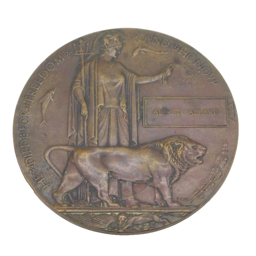 WW1 Bronze Death Penny or Plaque 'Alfred Allard' Antique c1915